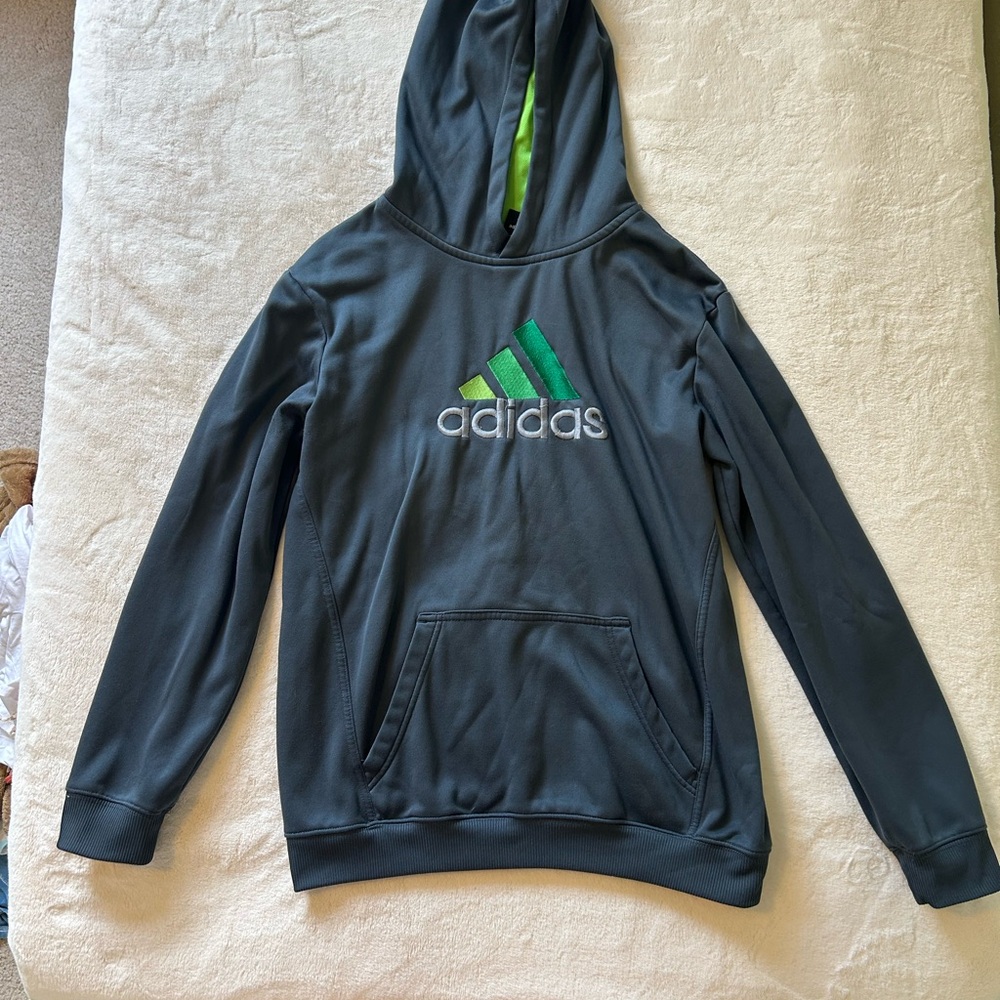 Adidas Men's Dark Gray Hoodie with Green Accents